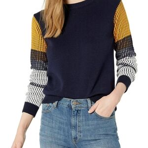 CABLE STITCH CONTRAST SLEEVE CREWNECK LONG SLEEVE KNITTED PULLOVER SWEATER